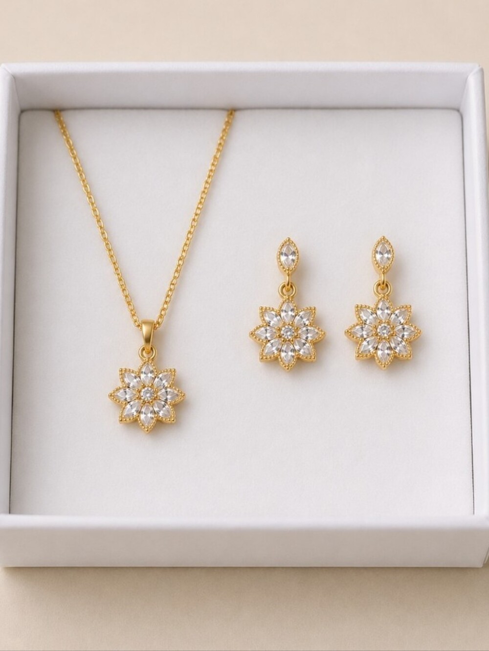 14K Gold Floral Marquise Diamond Necklace & Earring Set